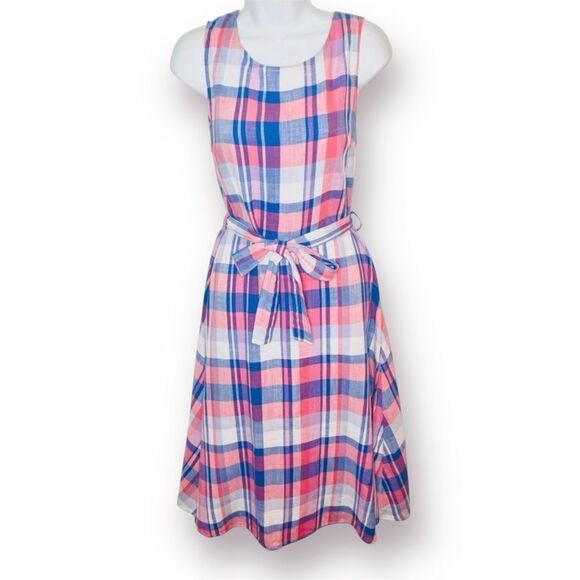 Joules Pink Blue Plaid Fiona Midi Dress Cotton Sleeveless Tie Waist 6 - Picture 1 of 11